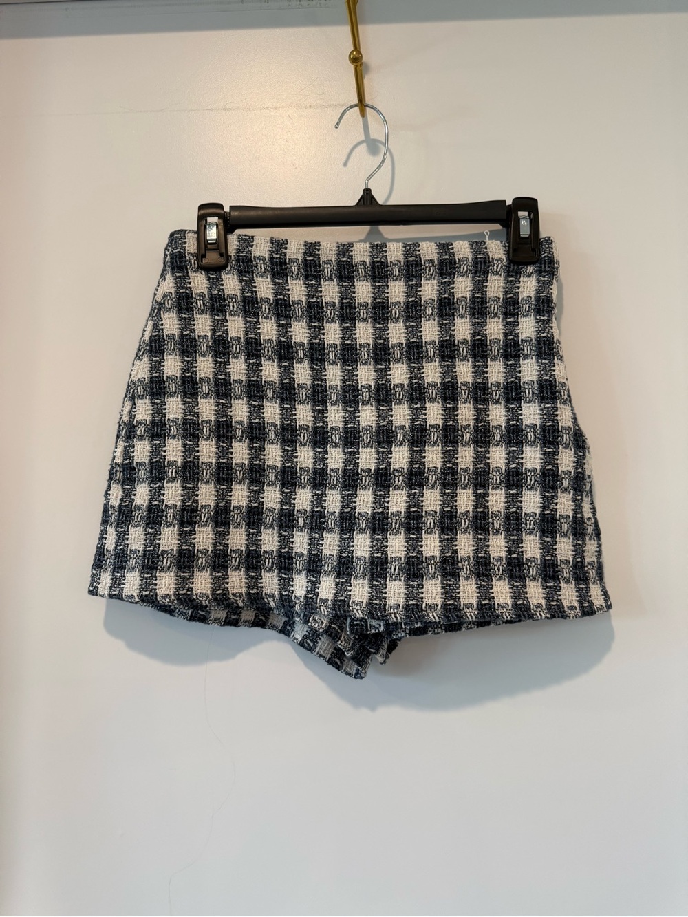 Women’s Navy Blue & White Tweed Gingham Skort High Rise Textured Bouclé